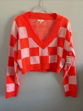 bp Checkerboard V-Neck Cropped Sweater - Orange & White